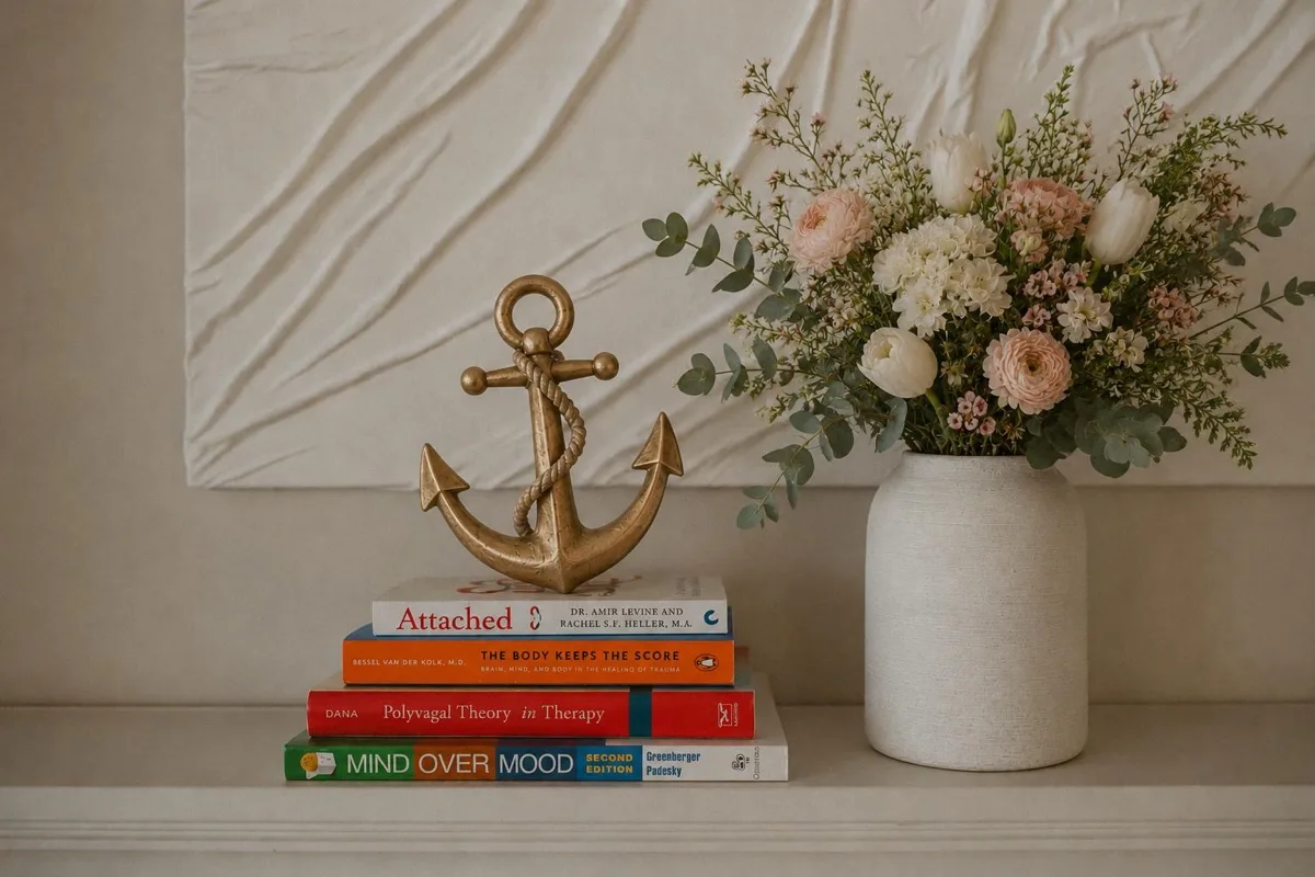 Anchor, books, and pressed flowers from the Anchor & Bloom brand world